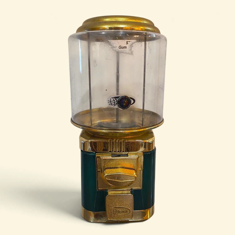 Vintage Green & Gold Gumball Candy Machine Countertop Vending Dispenser
